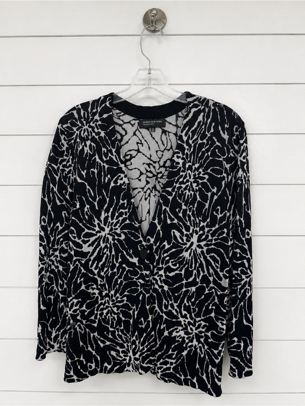 Jones New York Navy and White Floral Cardigan-Size Med